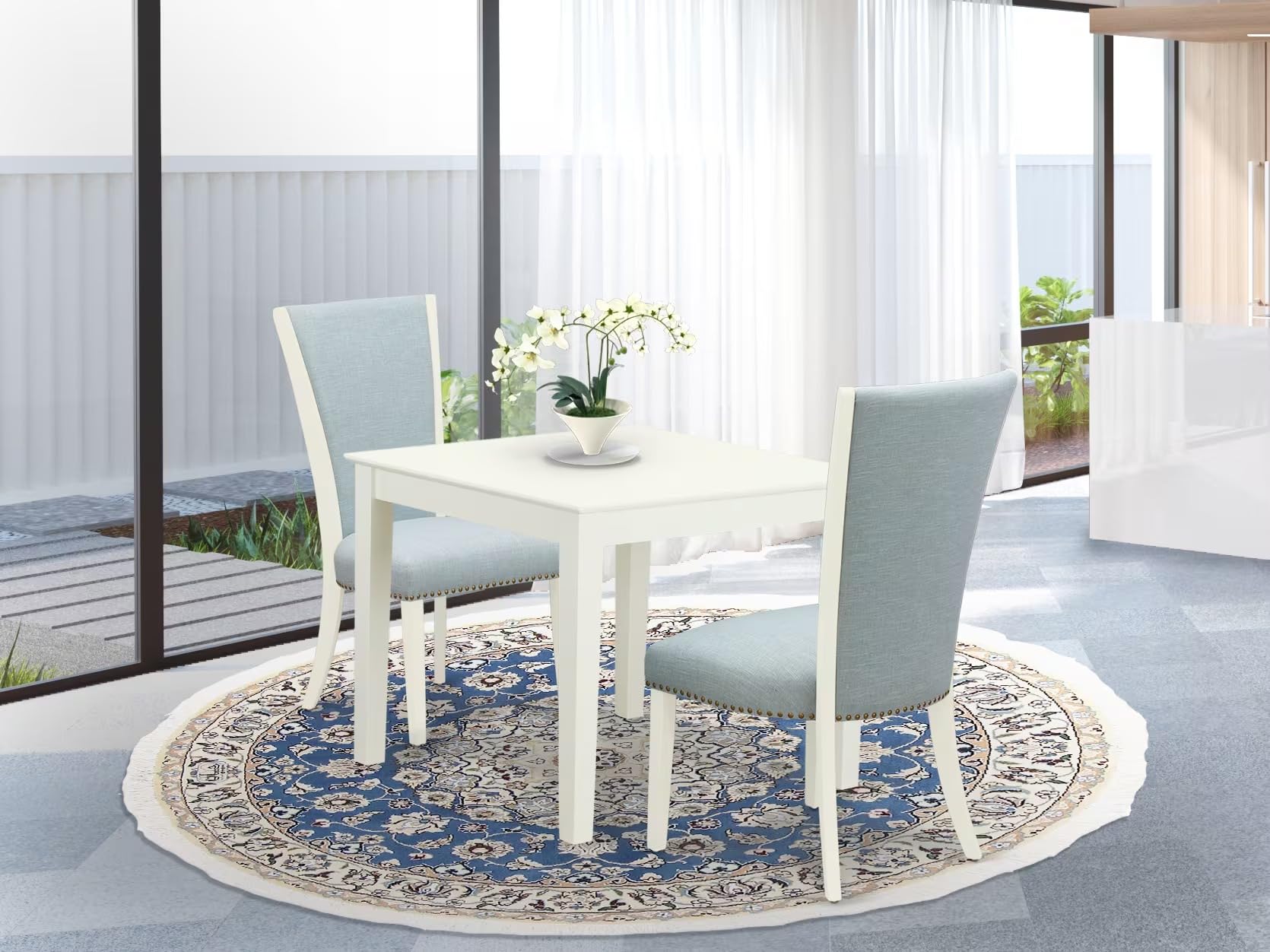 East West Furniture Oxve3-Lwh-15 3 Piece Dining Table Set For Small Spaces Contains A Square Dining Room Table And 2 Baby Blue Linen Fabric Parsons Chairs, 36X36 Inch, Linen White